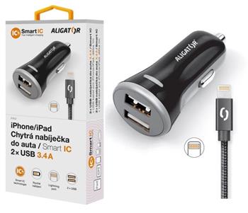ALIGATOR Chytrá nabíječka do auta 3.4A, 2xUSB, smart IC, černá, USB kabel pro iPhone/iPad