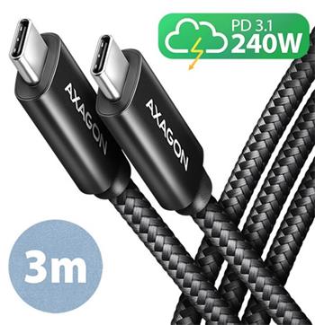 AXAGON BUCM2-CM30AB, CHARGE kabel USB-C <-> USB-C, 3m, Hi-Speed USB, PD 240W 5A, ALU, oplet, černý