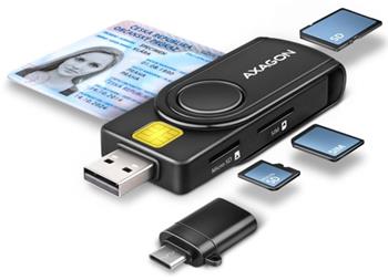 AXAGON CRE-SMP2A, USB-A + USB-C PocketReader 4-slot čtečka Smart card (eObčanka) + SD/microSD/SIM