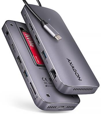 AXAGON HMC-12GM2, USB 10Gbps hub, 3x USB-A, USB-C, HDMI, DP, RJ-45 GLAN, M.2, SD/mSD, audio, PD