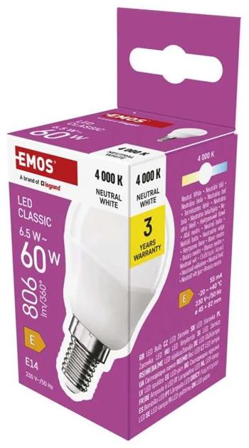 Emos LED žárovka Classic Mini Globe / E14 / 6,5 W (60 W) / 806 lm / neutrální bílá