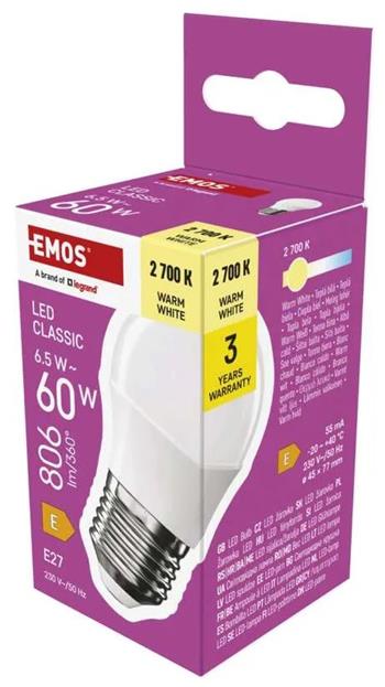Emos LED žárovka Classic Mini Globe / E27 / 6,5 W (60 W) / 806 lm / teplá bílá