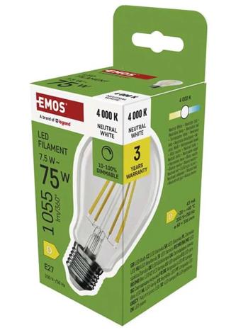 Emos LED žárovka Filament A60 / E27 / 7,5 W (75 W) / 1 055 lm / neutrální bílá / stmívatelná