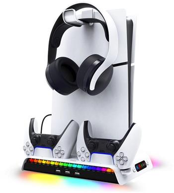 iPega P5S006 Multifunkční Nabíjecí RGB Stojan s Chlazením pro PS5 Slim White
