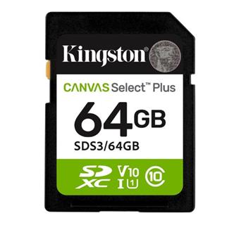 Kingston paměťová karta 64GB Canvas Select Plus Gen 3 SDXC 150R U1 UHS-I C10 V10