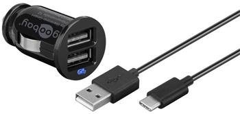 Napájecí 12V autoadaptér na 2x USB 2,1A s kabelem USB3.1 typu C, černý ppadapter-128