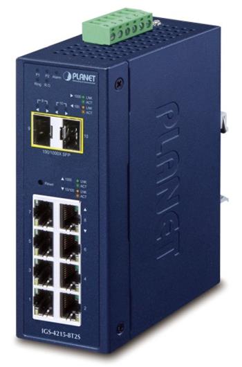 Planet Switch, průmyslový, 8x GbE RJ-45, 2x 1G SFP, IP30, -40 až +75°C, ERPS Ring (ITU-T G.8032), DC 9-48V, AC 24V