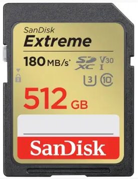 SanDisk Extreme 512 GB SDXC Memory Card 180 MB/s and 130 MB/s, UHS-I, Class 10, U3, V30