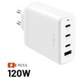 Síťová GaN nabíječka FIXED s 3xUSB-C a USB výstupem, podpora PD 3.0, 120W, bílá