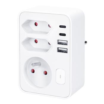 Solight P109C rozbočka, 1x 16A + 2x 2,5A, 2xUSB A+C, bílá, vypínač