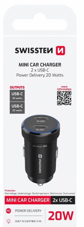 SWISSTEN CL ADAPTÉR 2x USB-C PD, 20W ČERNÝ
