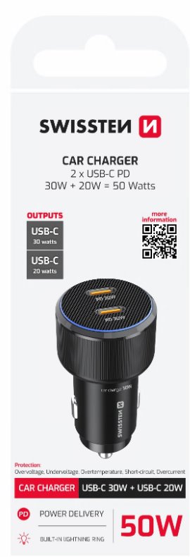 SWISSTEN CL ADAPTÉR 2x USB-C PD, 50W ČERNÝ
