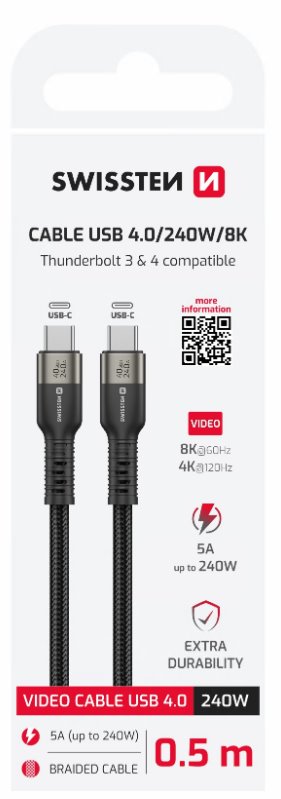 Swissten datový video kabel USB 4.0, USB-C, 240w, 8k@60hz, 40 gb/s, TB3 & TB4, 0,5 m černý
