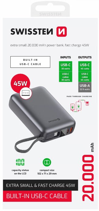 Swissten Power bank 20000 mAh 45W s integrovaným kabelem USB-C / šedá