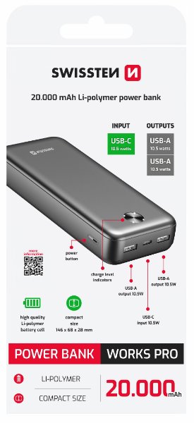 Swissten Power bank 20000 mAh WORX PRO - černá