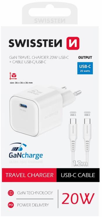 SWISSTEN SÍŤOVÝ ADAPTÉR GaN 1x USB-C 20W POWER DELIVERY BÍLÝ + DATOVÝ KABEL USB-C/USB-C 1,2 M BÍLÝ
