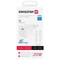 SWISSTEN SÍŤOVÝ ADAPTÉR GaN 1x USB-C 20W POWER DELIVERY BÍLÝ + DATOVÝ KABEL USB-C/USB-C 1,2 M BÍLÝ
