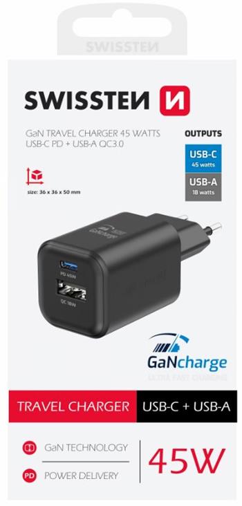 SWISSTEN SÍŤOVÝ ADAPTÉR GaN 1x USB-C 45W PD + 1x USB-A 18W QC ČERNÝ