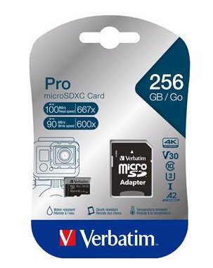 VERBATIM Pro microSDXC 256GB UHS-I V30 U3 + SD adaptér